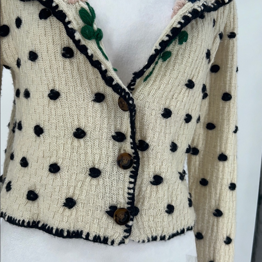TACH Black and Cream Polka Dot Cardigan Farah Hand-Knitted Wool Cardigan SZ XS - Picture 10 of 15